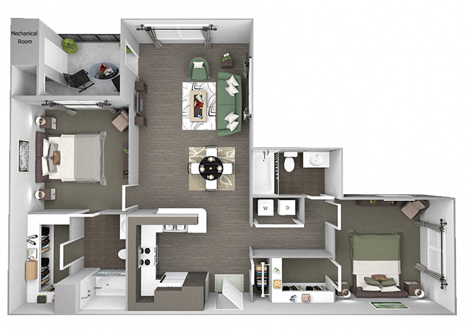 Floor plan for 2 beds, 2 baths, 1255 sqft